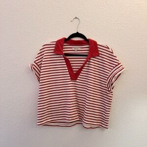 Madewell Red and White Short Sleeve Crop Polo T-shirt